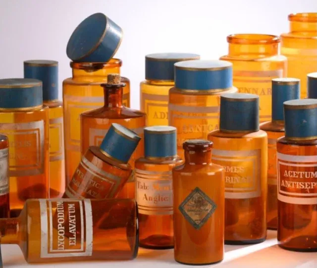 Monte et monstrance . Près de 230 pots pharmaceutiques de montre en verre teinté ambre dit vermeil, à cartouches à…