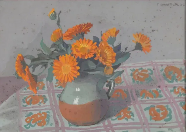 « Et pour qui sont ces six soucis ? » . Félix VALLOTTON (1865-1925). Bouquet de soucis sur une nappe quadrillée, 1924.…