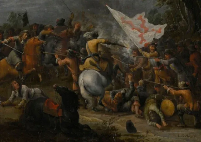 Ce temps d’escarmouche . Lambert de HONDT (Malines 1620-1665). Choc de cavalerie. Huile sur toile. Signé. 84 x 60 cm.…