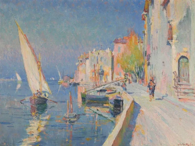 Veinards du Midi . Louis Agricol MONTAGNÉ (1879-1960). Route d’une ville en bord de mer. Huile sur toile. Signé en…